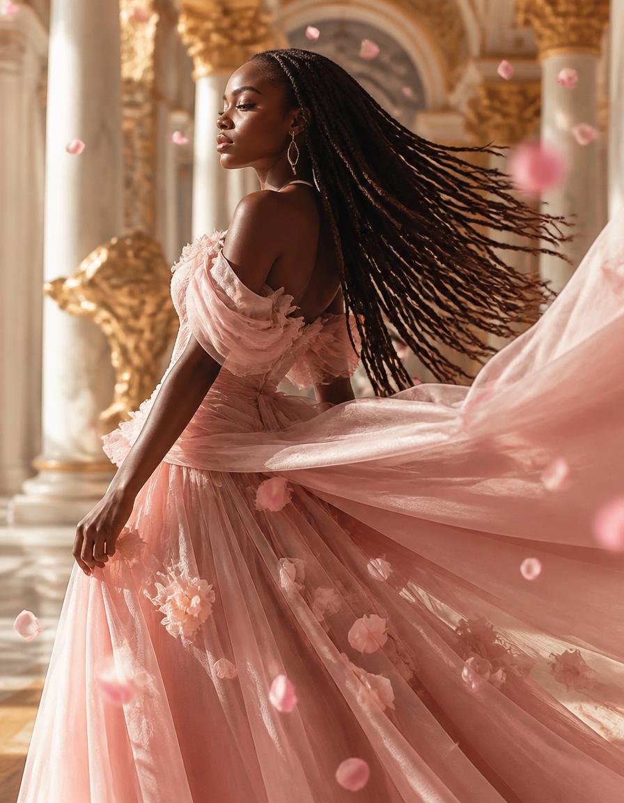 African model in flowing pink couture gown with petals
