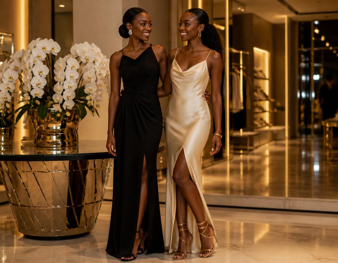 Two elegant African women in evening gowns