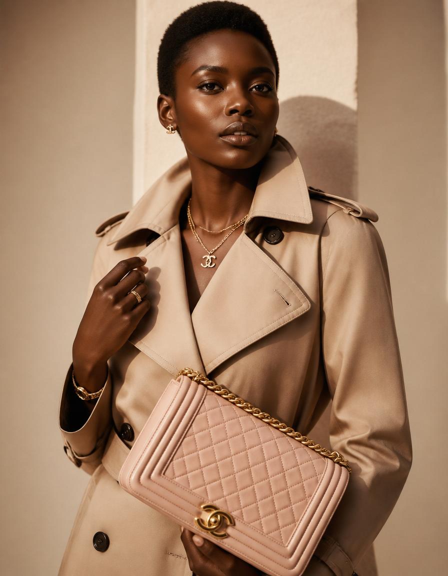 African model in beige trench with designer handbag
